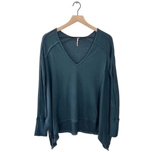 Free People V-Neck Thermal Waffle Knit Shirt Evergreen Green Boho Oversize Med